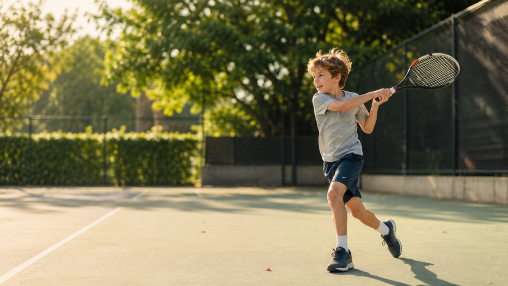 A young boy hits a backhand on an outdoor court at sunrise, showing why tennis is often called the healthiest sport.